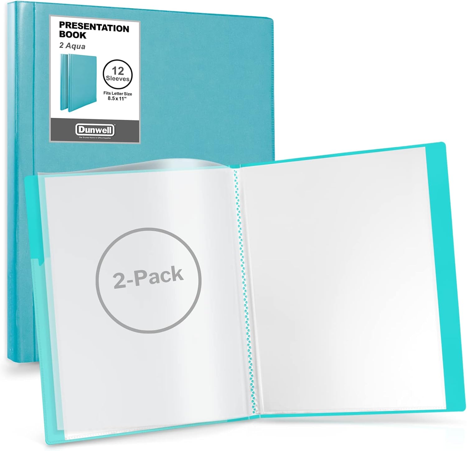 Dunwell Binder with Plastic Sleeves 12-Pocket (2 Pack, Aqua) - Presentation Book, 8.5 x 11 Portfolio Folder with Clear Sheet Protectors, Displays 24-Page Documents, Certificates, Important Papers