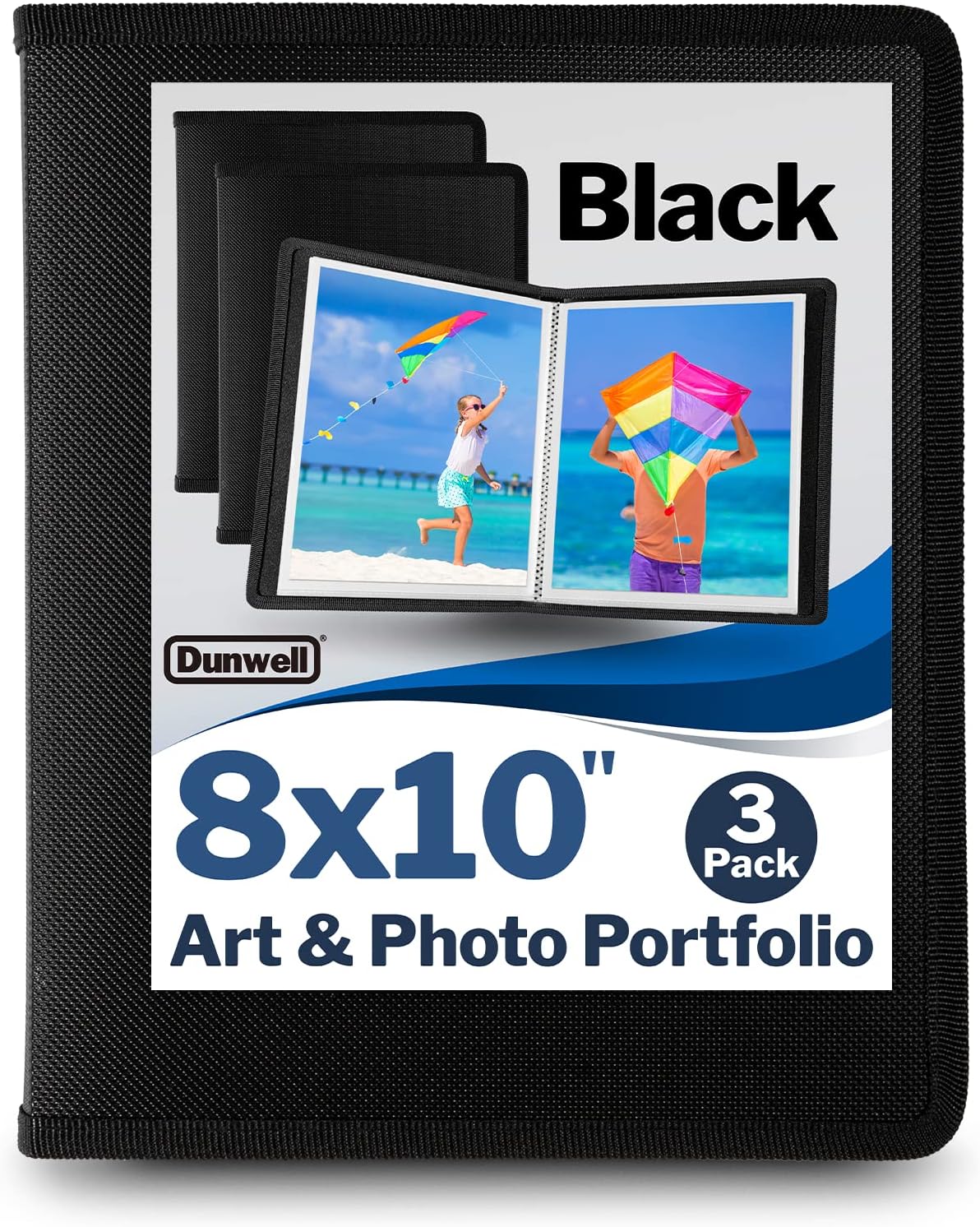 Dunwell 8x10 Photo Album Book - (3 Pack, Black), Art Portfolio Binder for 8 x 10 Pictures, 24 Pockets Display 48 Pages, 10x8 Sheet Protector Folder for Kids Artwork, Autograph, and Prints