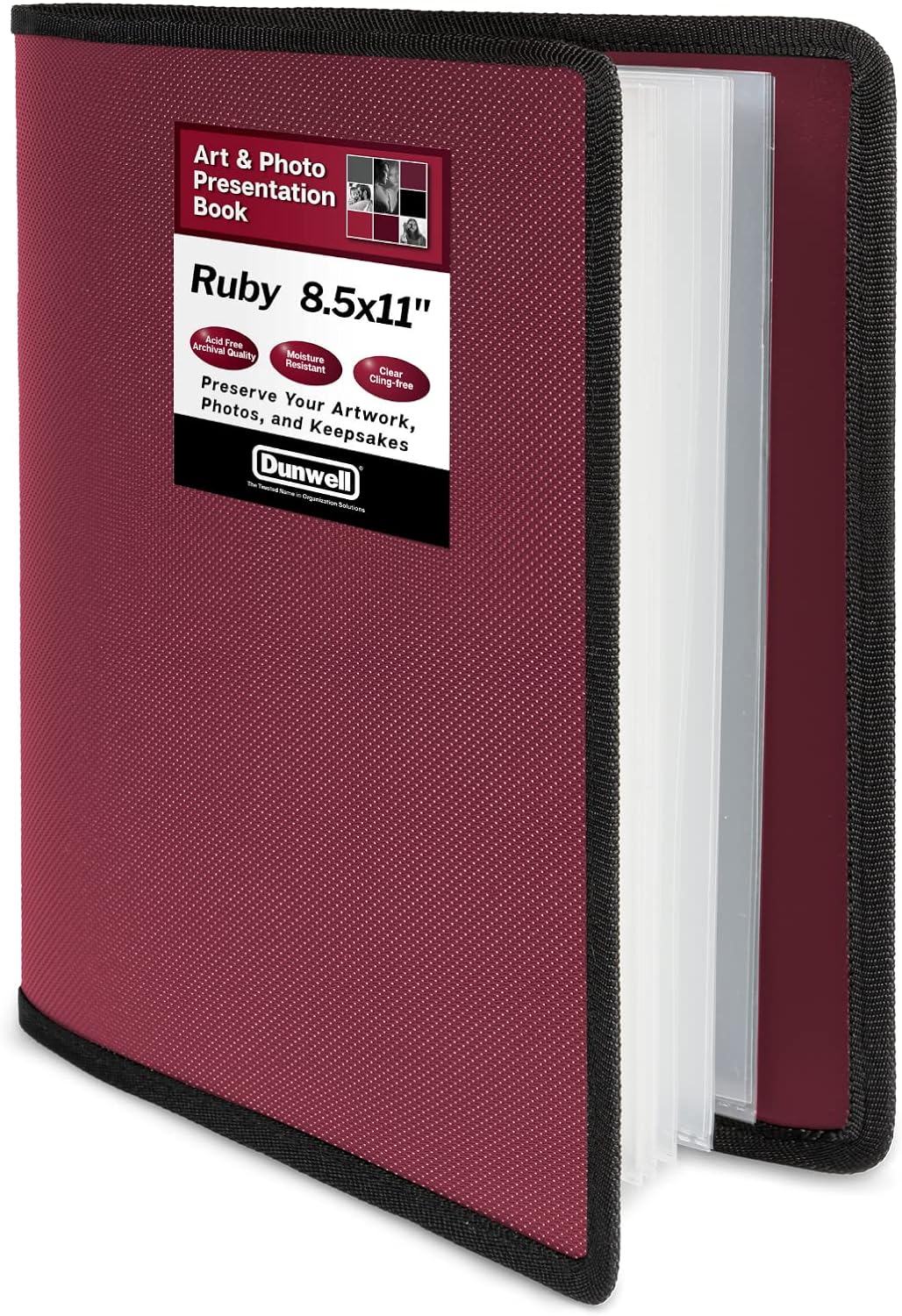 Dunwell Portfolio Folder for Artwork (Ruby) - 8.5 x 11 Binder Folder with Plastic Sleeves, 24 Pockets for 48 Pages, Art Portfolio Binder Organizer, Flexible Poly Cover, Letter Size Presentation Folder