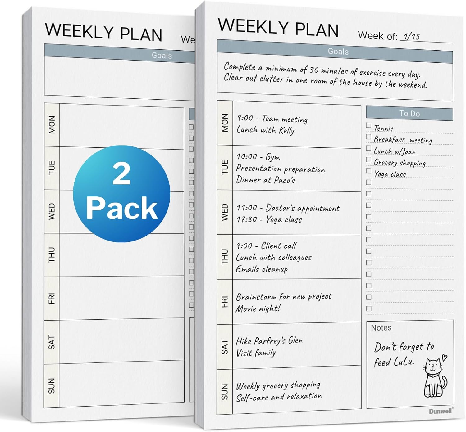 Dunwell Weekly Planner Pads 5.5x8.5, 2-Pack, Each with 54 Tear-Off Pages, Small To Do List Planner, Weekly Schedule Planner Pad, Undated Weekly Planning Desk Pad with To Do List, Goals, Notes