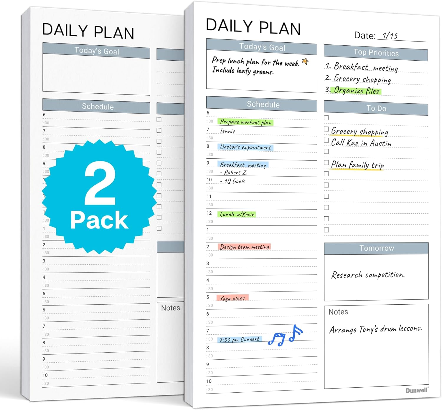 Dunwell Daily Planning Pad - 2 Pack Undated Daily Planner Pad, 54 Tear-Off Pages (5.5x8.5), Daily To Do List Scheduler, Time Blocked Task Planner Notepad