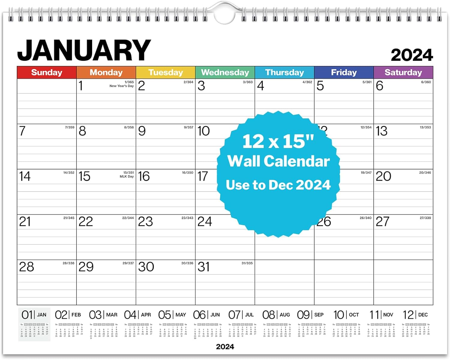 Dunwell 12x15 Wall Calendar 2024 - (Colorful), Big 15x12 Lined Monthly Calendar, Hanging Wall Calendar 2024 for Home or as Office Calendar 2024