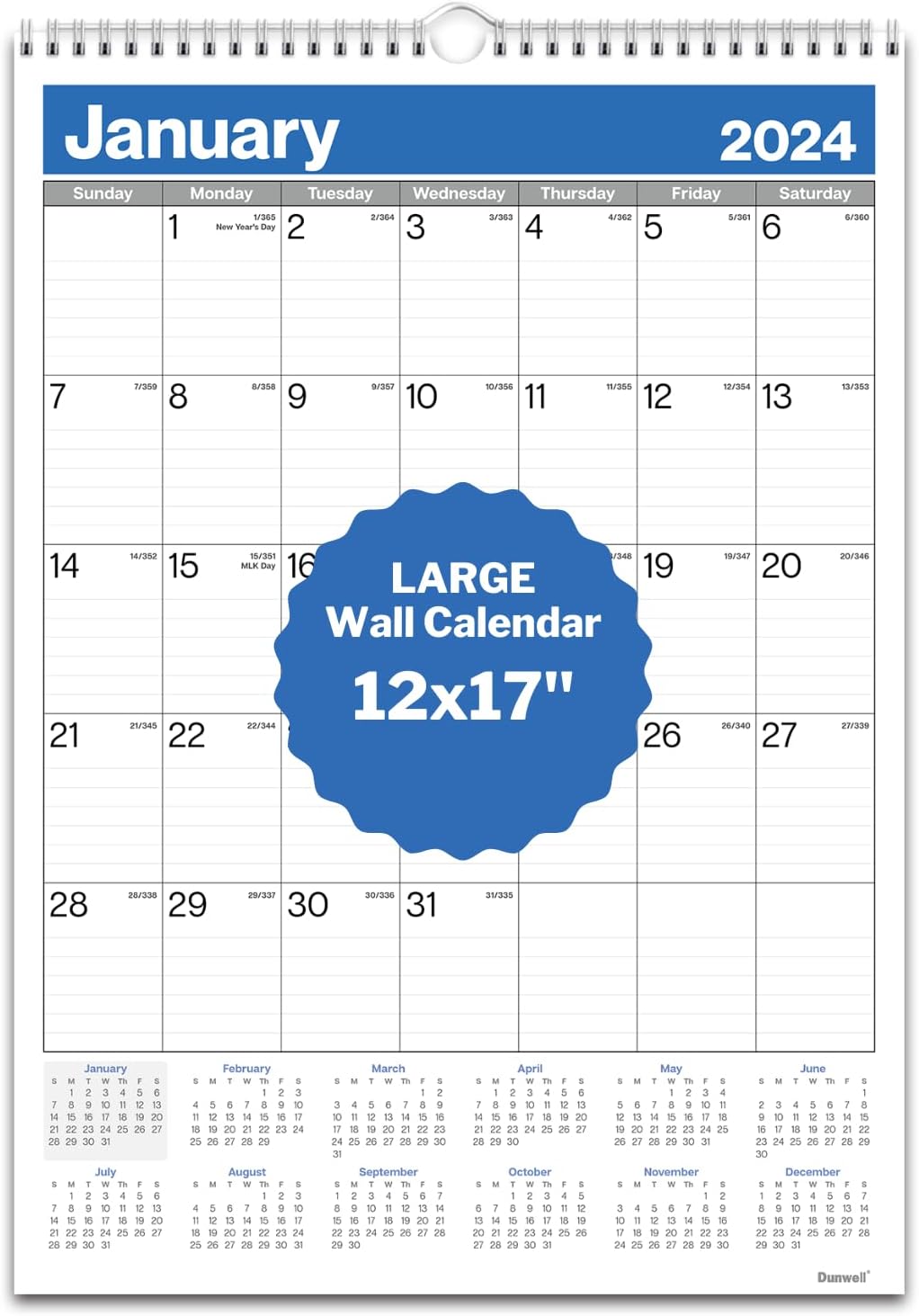 Dunwell Large Wall Calendar 2024 - (Blue) 12x17 Wall Calendar, Big Grid 12 x 17 Hanging Office Calendar, Calendar Year 2024 with Large Daily Blocks, Big Numbers, Professional Styling