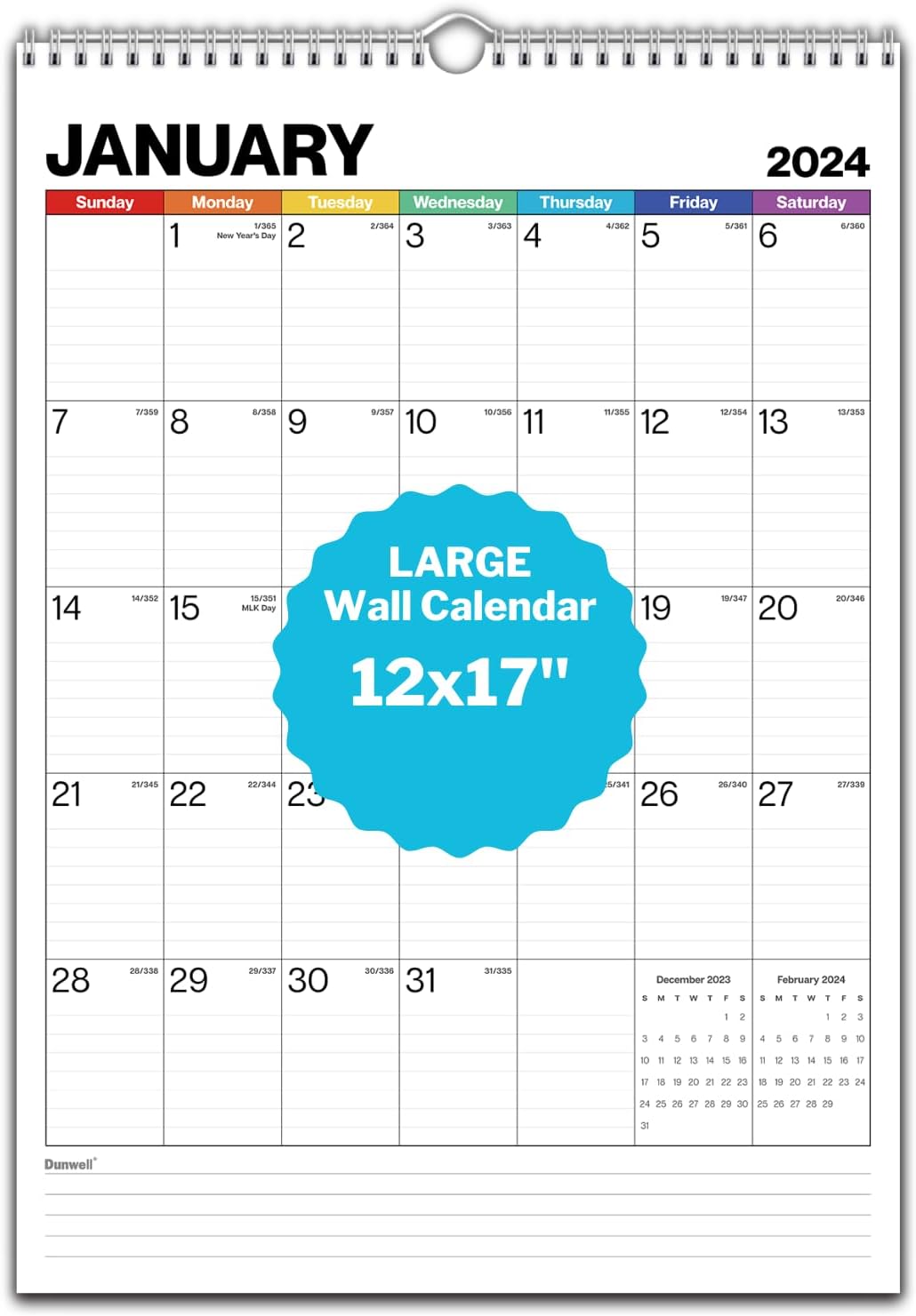 Dunwell Large Wall Calendar 2024 - (Colorful) 12x17 Wall Calendar, Big Grid 12 x 17 Hanging Office Calendar, Calendar Year 2024 with Large Daily Blocks, Big Numbers, Modern Style