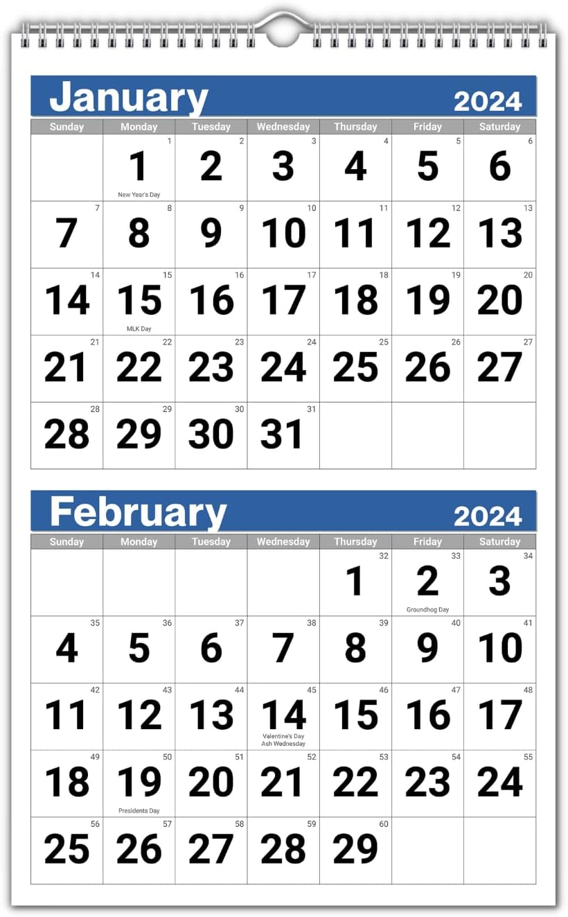 Dunwell 2-Month Wall Calendar 2024, 2 Month Display, Two Months View Calendar, Vertical 2024 Wall Calendar, Monthly Office Calendar, Ships Folded
