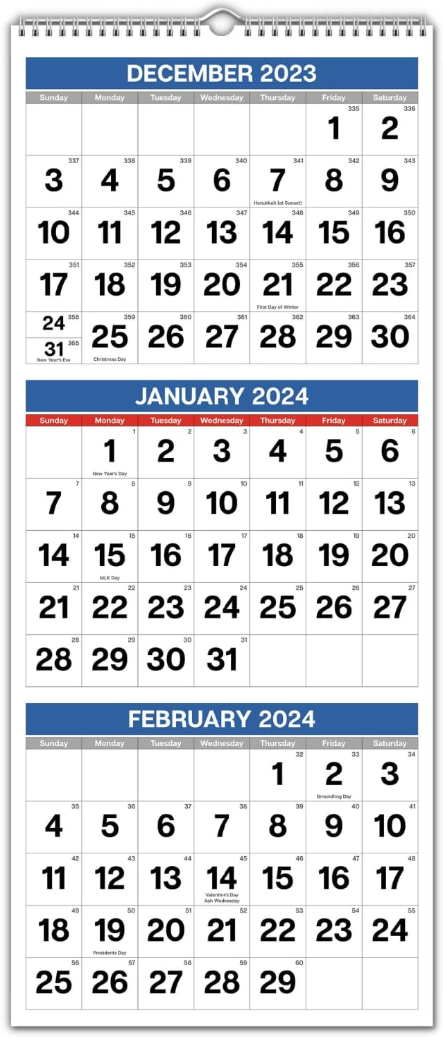 Dunwell Three Month View Calendar 2024, Use to December 2024, 3 Month Wall Calendar 2024 Vertical, 11x26 3 Panel Calendar, Last Page Includes January 2025, Ships Folded