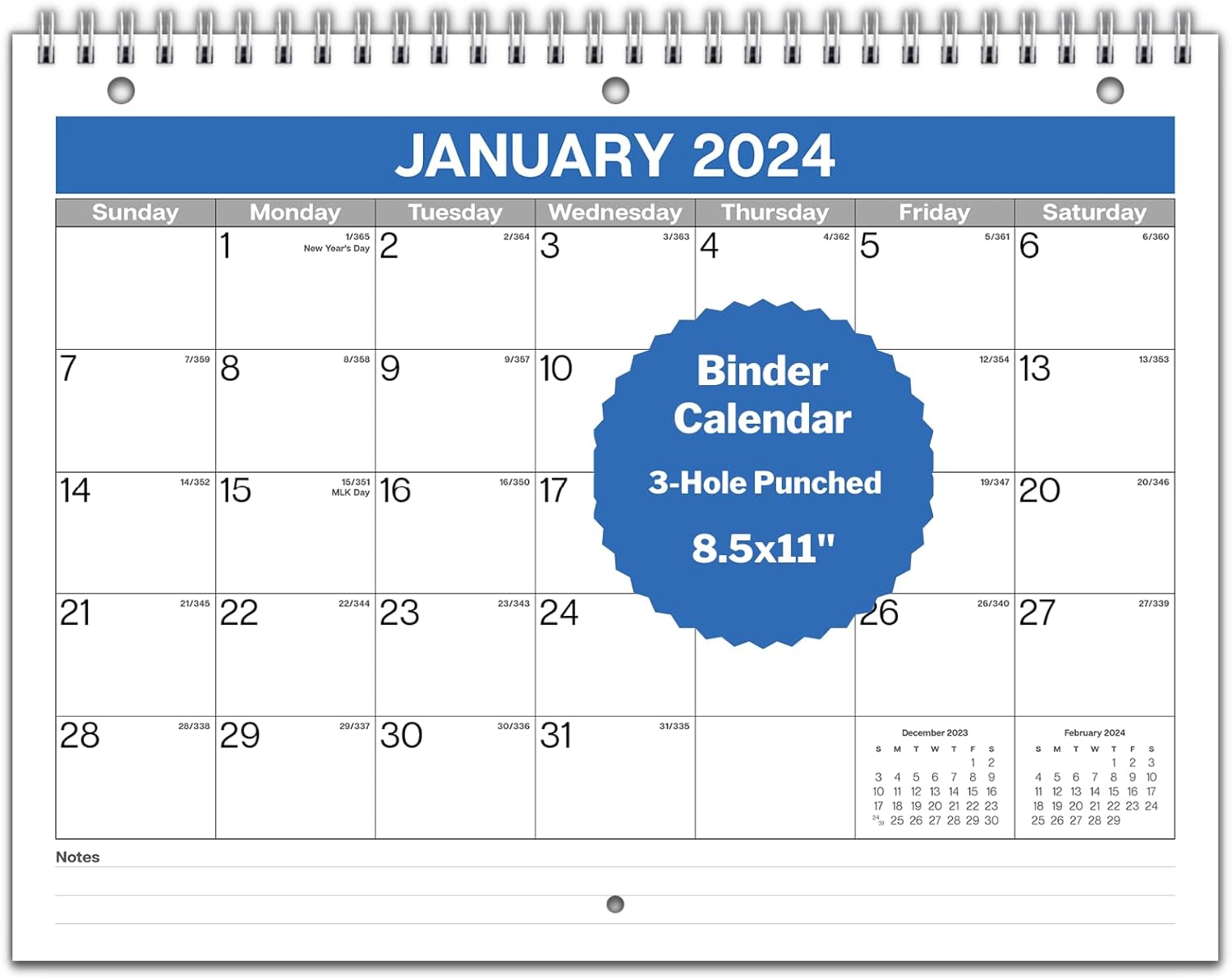 Dunwell 2024 Calendar for 3-Ring Binder - (8.5x11) Use as Full Year Calendar 2024, Spiral Bound 3-Hole Punched Calendar for Binder, Desk and Wall