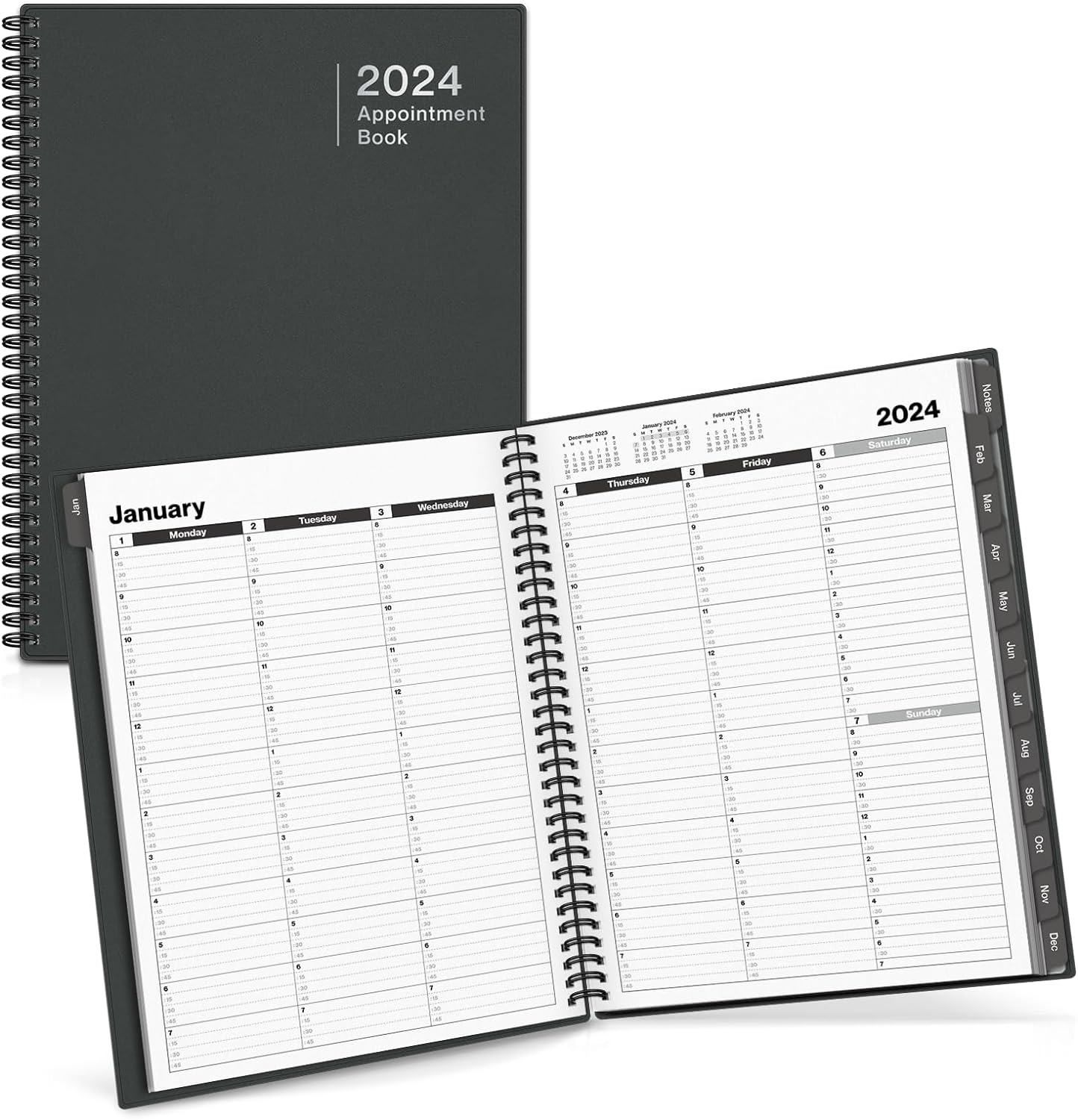 Dunwell 2024 Daily Planner, 12 Months, Large 8.5x11 Schedule Planner Book with Hourly Schedule, 2024 Calendar, Agenda Appointment Book with 15 Minute Increments, Tabs, Poly Bookmark