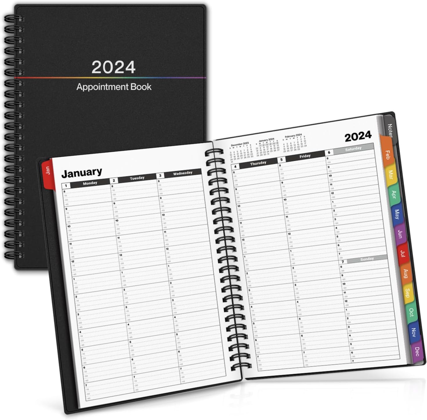 Dunwell Weekly Appointment Book 2024, 8 x 6 Hourly Planner with Colorful Tabs, 2024 Appointment Book 15 Minute Increments, Small Calendar Book with Hourly Schedule, Spiral Appt Book with Plastic Cover