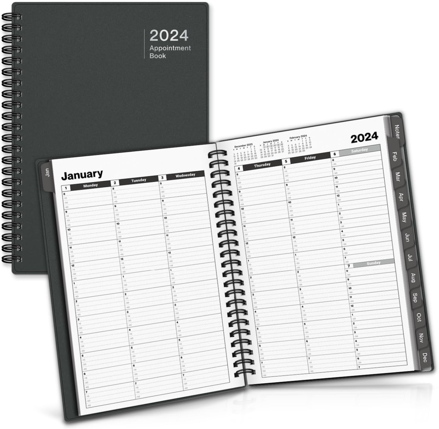 Dunwell Appointment Daily Planner 2024, Small 6x8.25 Planner with Tabs, 12 Months 2024 Appointment Book with 15 Minute Increments, 2024 Calendar Daily Planner with Hourly Schedule