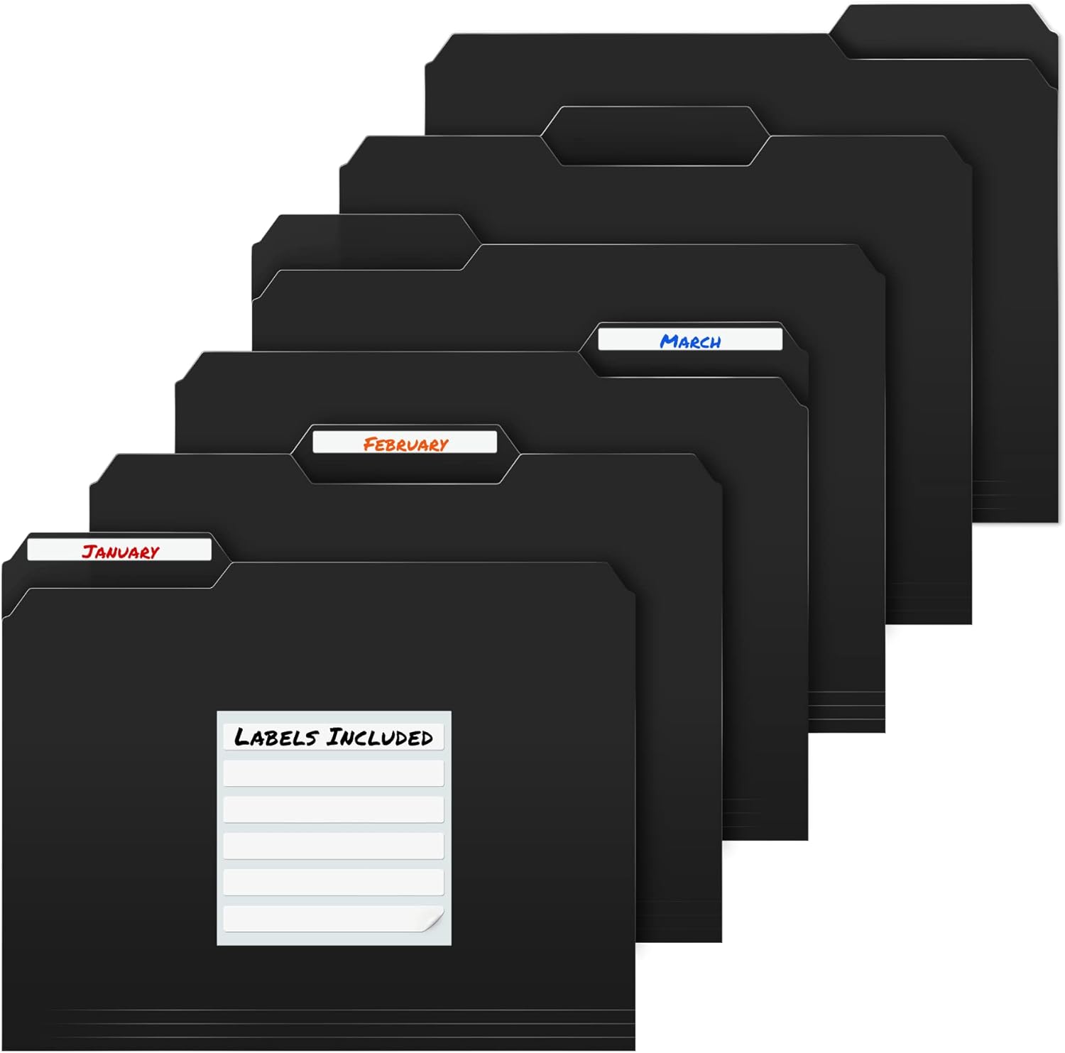 Dunwell Plastic Black File Folders - (12 Pack), Sturdy 1/3 Tab Black File Folders Letter Size, Black Folders for Documents, 8.5 x 11 Plastic Black Manila Folders, Poly Black Folder Organizer + Labels