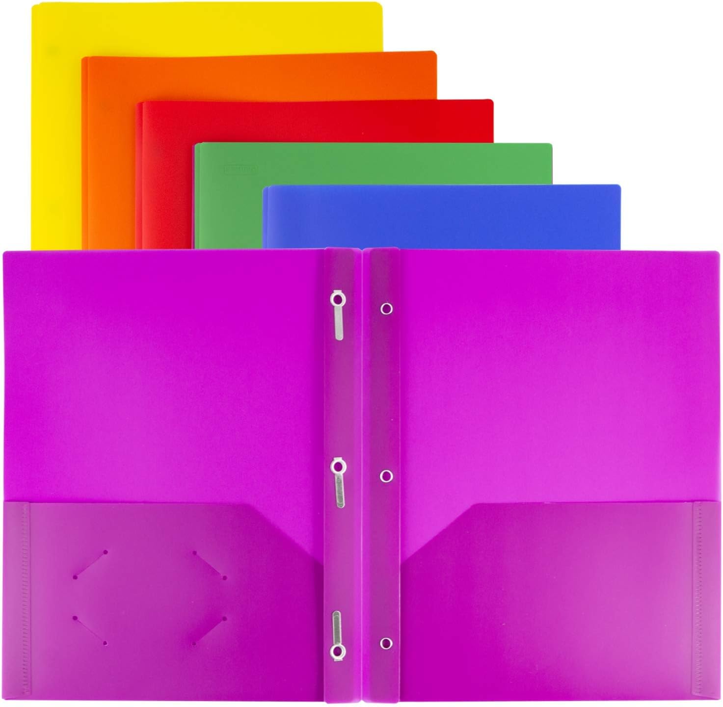 Colored 3-Prong Plastic Folders with Pockets (6 Pack, Assorted Colors), Folders with Labels, 2-Pocket School Folders , Pocket Folders with Fasteners, Tear-Resistant, Acid Free