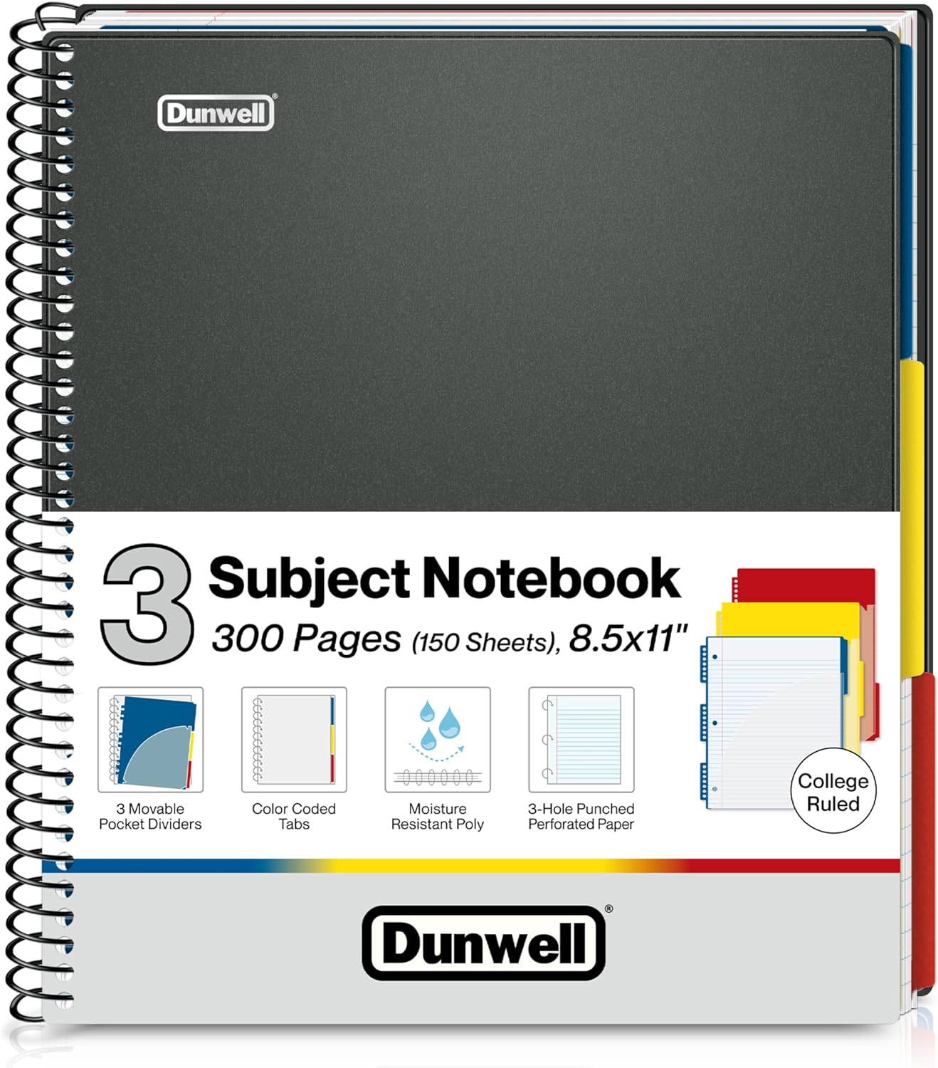 Dunwell 3-Subject Notebook College Ruled 8.5 x 11, 150 Sheets (300 Pages), Spiral Notebook 8.5x11 with Tabs, Movable Dividers, Pockets, Front/Back Plastic Covers, Multi Subject Notebook