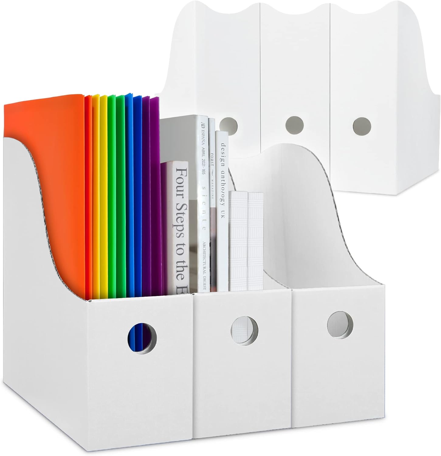 Dunwell White Magazine File Holder (6 Pack) - Sturdy Cardboard Magazine Holder, Vertical File Folder Holder, Magazine Holder for Desk, Shelves, Office or Classroom Book Organizer, Paper Book Bins