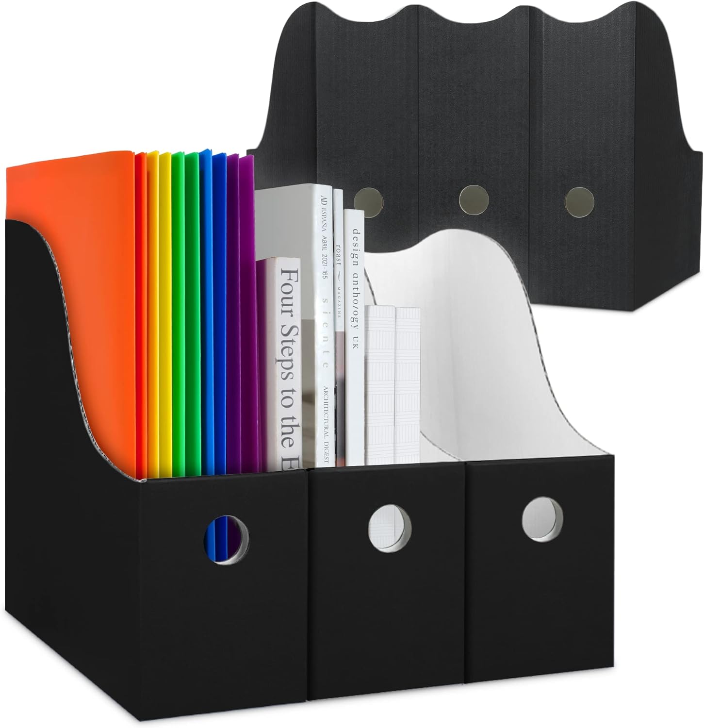 Dunwell Black Magazine File Holder (6 Pack) - Sturdy Cardboard Magazine Holder, Folder Organizer for Desk and Shelves, Magazine Storage Box, Paper Organizer Storage or Book Bins, Easy to Assemble