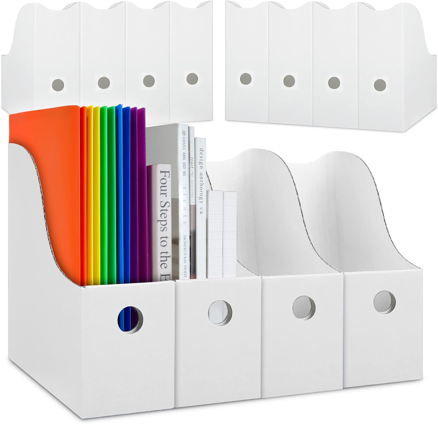 Dunwell White Magazine File Holder (12 Pack) - Sturdy Cardboard Magazine Holder, Vertical File Folder Holder, Magazine Holder for Desk, Shelves, Office or Classroom Book Organizer, Paper Book Bins