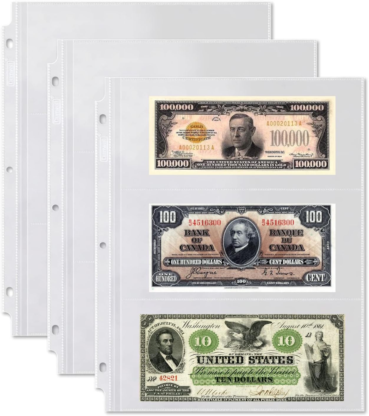 Dunwell Binder Currency Sleeves for Collectors - (25 Pack), Acid-Free 3-Pocket Clear Plastic Currency Pages for Three Ring Binder, Refill Currency Binder Pages for Bills, Banknotes or Coupons