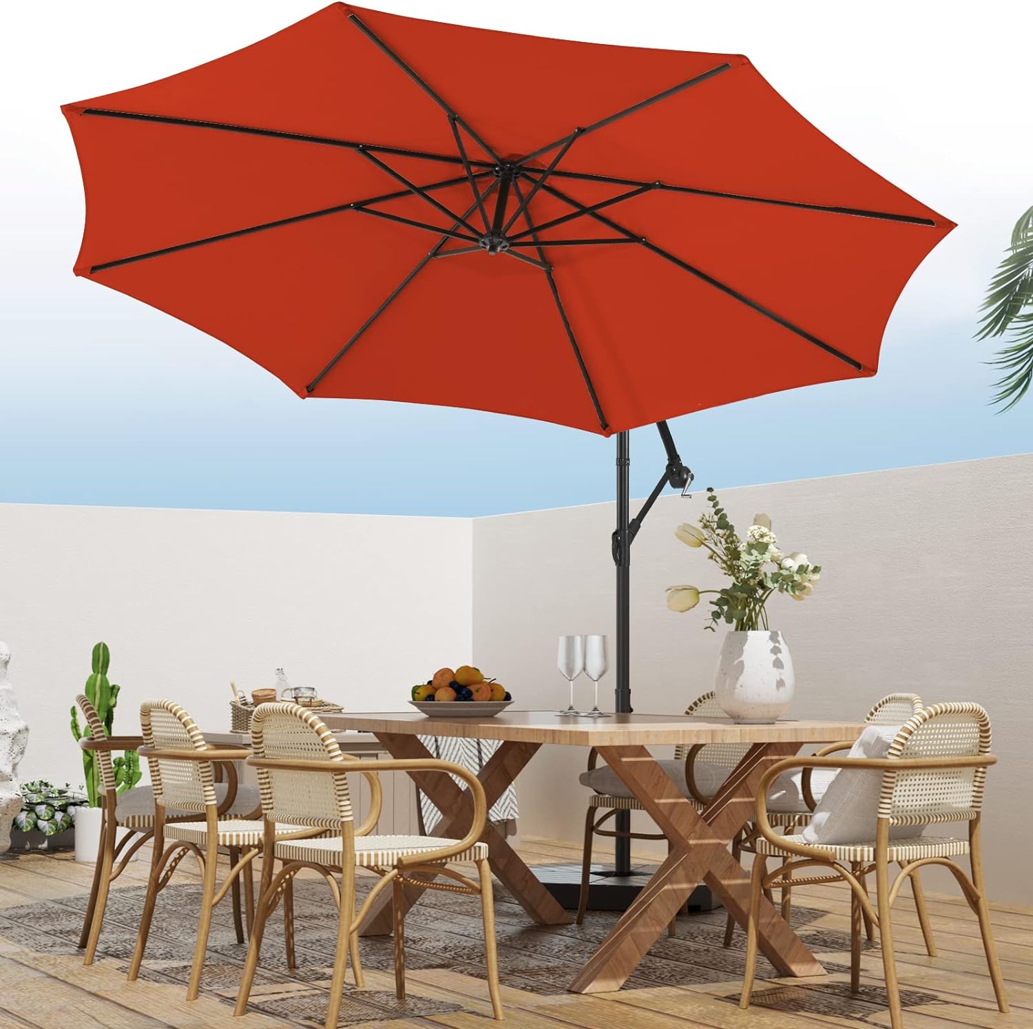wikiwiki 10ft Patio Umbrellas Offset Outdoor Umbrella Cantilever hanging Umbrellas w/Infinite Tilt, Fade Resistant Waterproof RECYCLED FABRIC Canopy & Cross Base, for Yard, Garden & Deck (Grenadine Orange)
