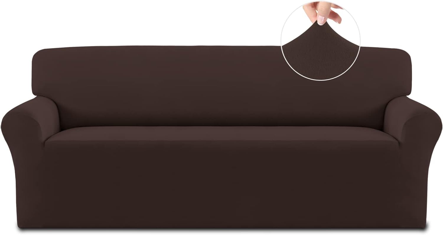 Easy-Going Fleece Stretch Sofa Slipcover Spandex Non-Slip Soft Couch Sofa Cover, Washable Furniture Protector with Anti-Skid Foam and Elastic Bottom for Kids, Pets(Sofa, Chocolate)