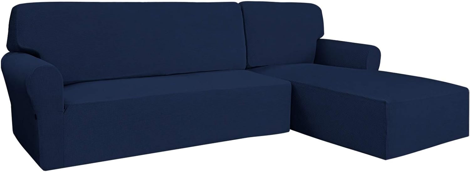 Easy-Going Stretch Sofa Slipcover 2 Pieces L-Shaped Sofa Cover Sectional Couch Cover for Living Room Jacquard Fabric Chaise Lounge Slipcover with Elastic Bottom for Dogs Kids Pets(Large,Navy)