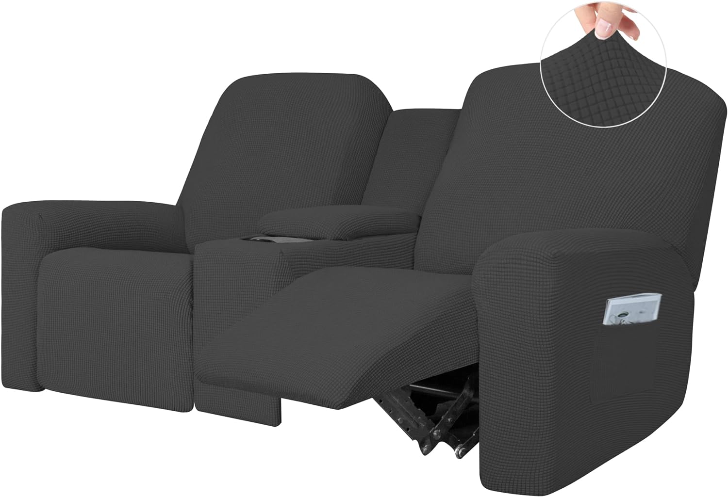 Easy-Going 1 Piece Stretch Reclining Loveseat with Middle Console Slipcover, 2 Seater Loveseat Recliner Cover with Holder and Storage, Recliner Couch Sofa Cover, Furniture Protector Dark Gray