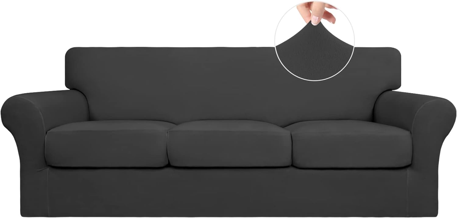 Easy-Going 4 Pieces Stretch Soft Couch Cover for Dogs - Washable Sofa Slipcover for 3 Separate Cushion Couch - Elastic Furniture Protector for Pets, Kids (Sofa, Dark Gray, Large)