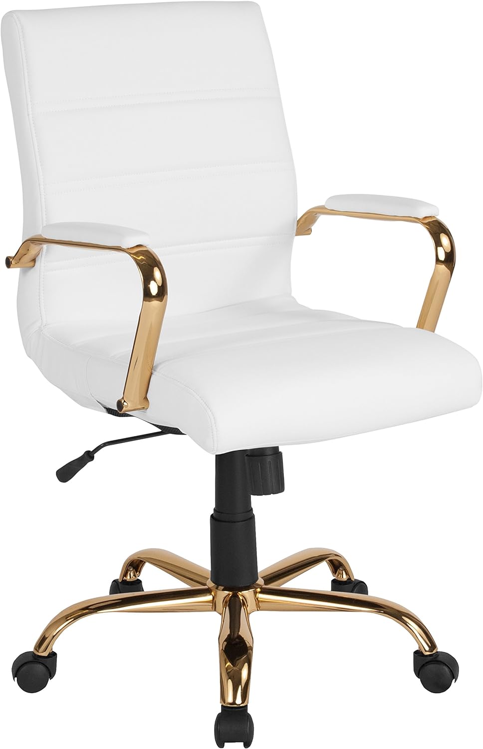 Flash Furniture Whitney Mid-Back Desk Chair - White LeatherSoft Executive Swivel Office Chair with Gold Frame - Swivel Arm Chair