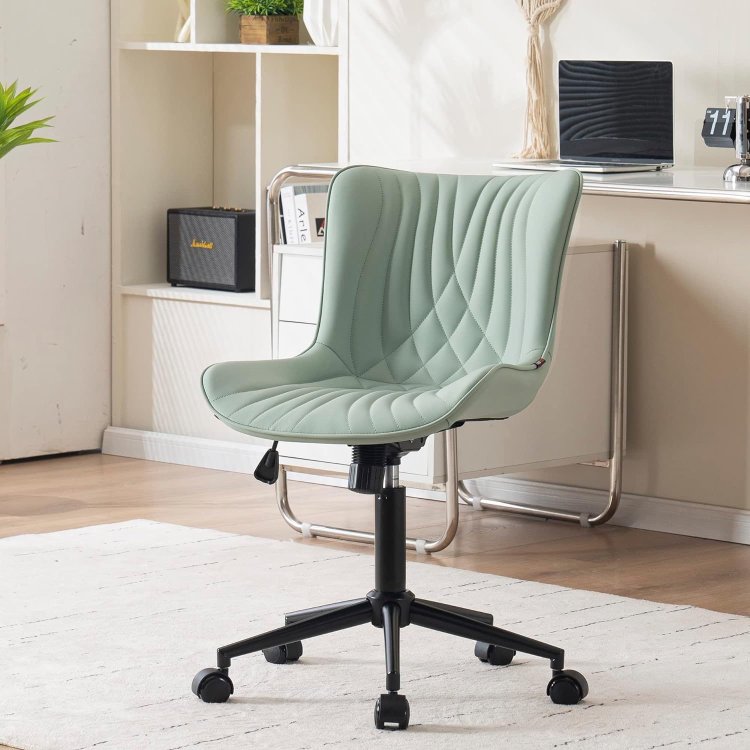 YOUNIKE Office Chair, Armless Desk Chair with Wheels, Home Office Computer Task Chairs, Modern Faux Leather Padded Vanity Chair, ErgonomicAdjustable Swivel Rocking Chair with Back, Mint Green