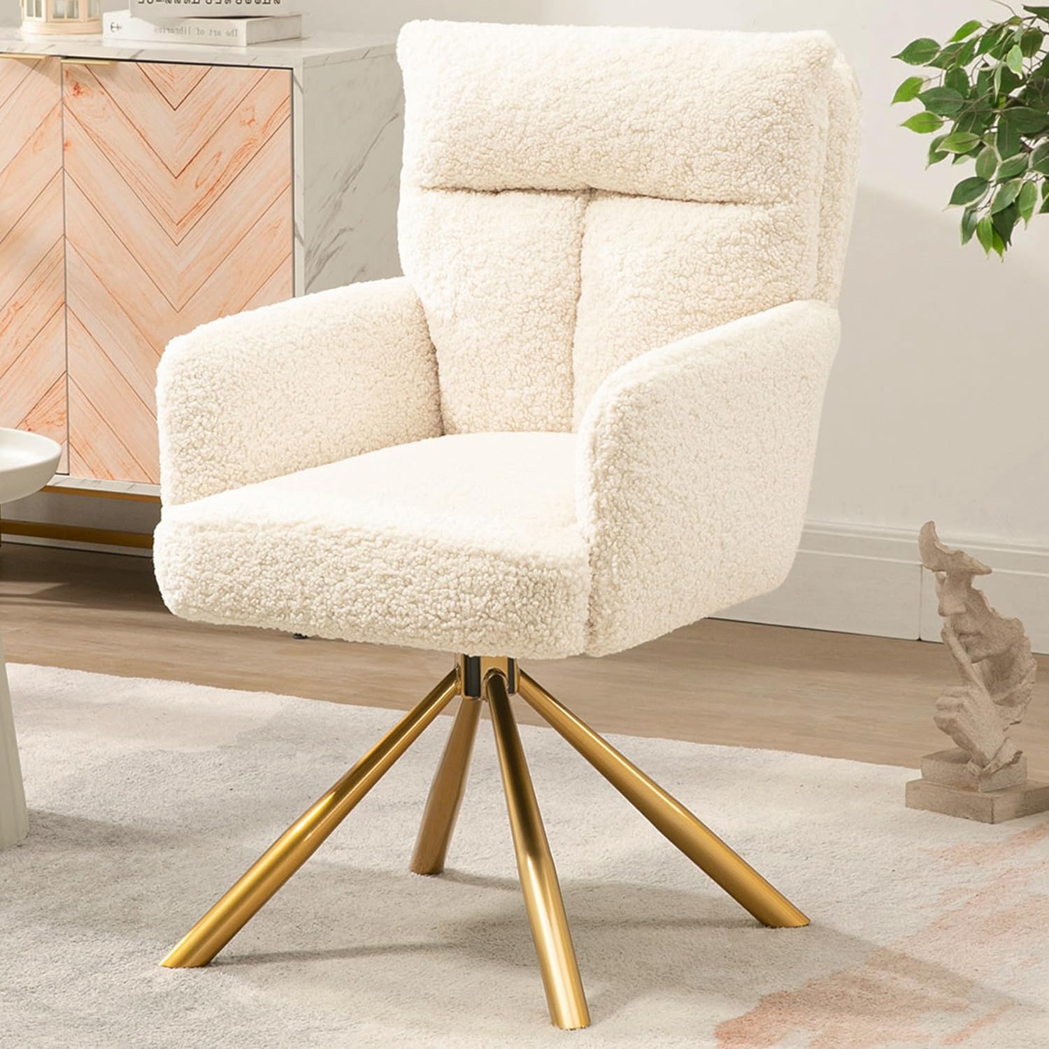 Ugijei Teddy Office Desk Chair No Wheels, Modern Swivel Vanity Chair with Gold Legs, Wide Seat Computer Task Chair for Home Office (Beige)