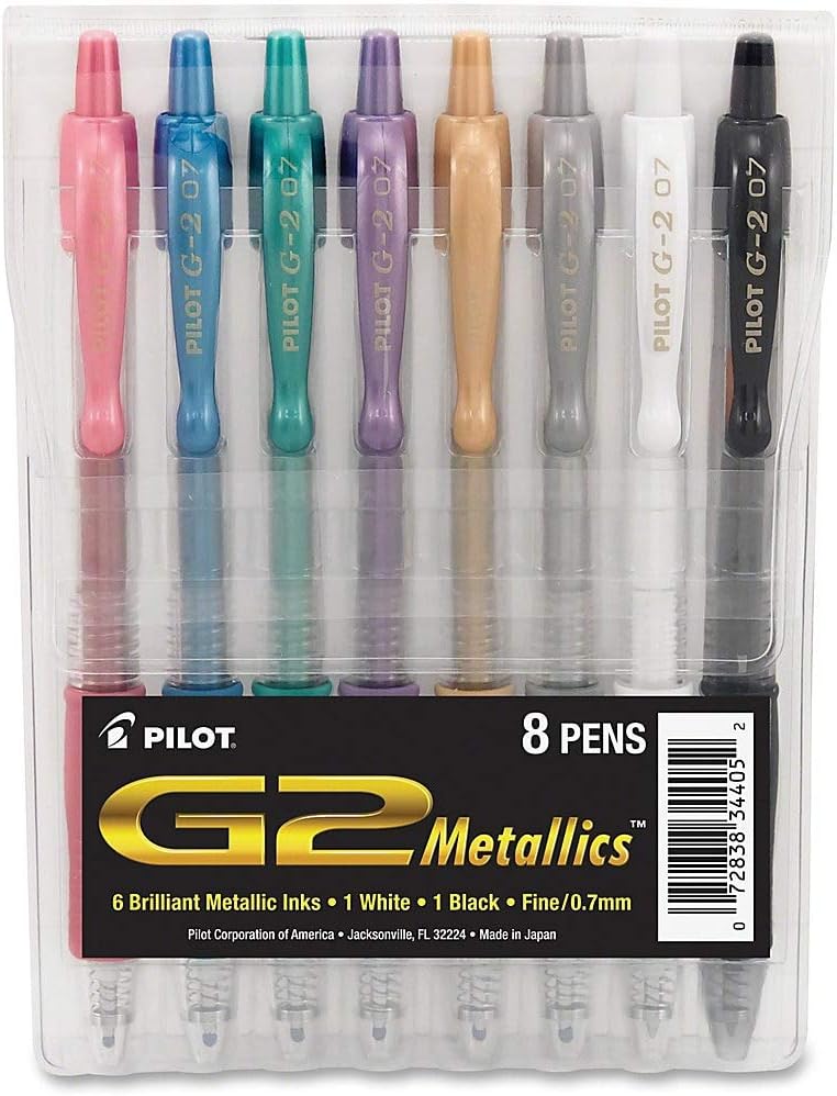 Pilot, G2 Metallics Gel Roller Pens, Fine Point 0.7 mm, Assorted Colors, Pack of 8