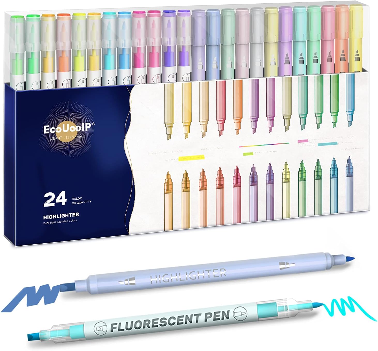 EooUooIP Pastel Highlighters, 24Pack Highlighters Assorted Colors No Bleed Pens Dual Tip Highlighters Big Back Bulk Fluorescent Markers Set for Coloring, Underlining,Student Office