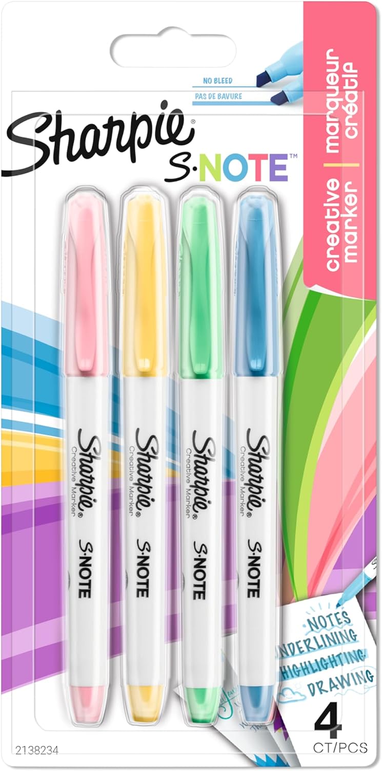 Sharpie S-Note Highlighter Pens | Part Art Marker Pen, Part Highlighter to Draw, Write & More | Assorted Pastel Colours | Chisel Tip | 4 Count