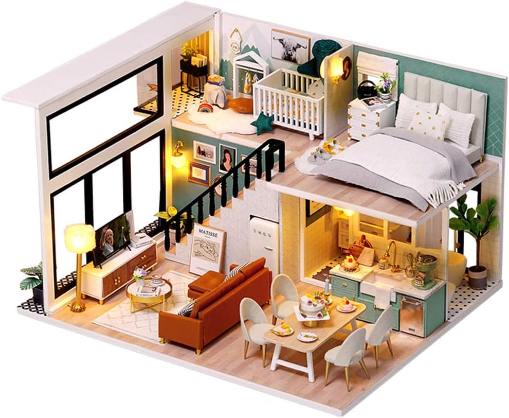 CUTEBEE Dollhouse Miniature with Furniture, DIY Wooden Dollhouse Kit Plus Dust Proof and Music Movement, Creative Room Idea(Comfortable Life)