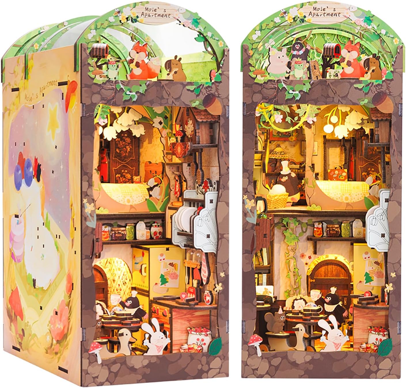 CUTEBEE DIY Book Nook Kit with Dust Cover, DIY Dollhouse Bookshelf Insert Decoration Animal Party Rave, Bookstop Model Building-Creative Kit with LED Lights (Moles Apartment)