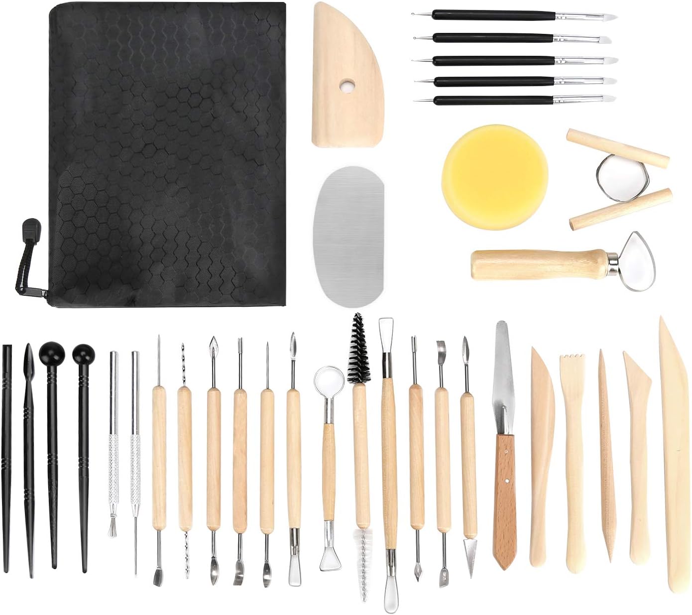 Blisstime 34PCS Clay Tools,Pottery Sculpting Tool and Supplies,Wooden Handle Pottery Carving Tool Set