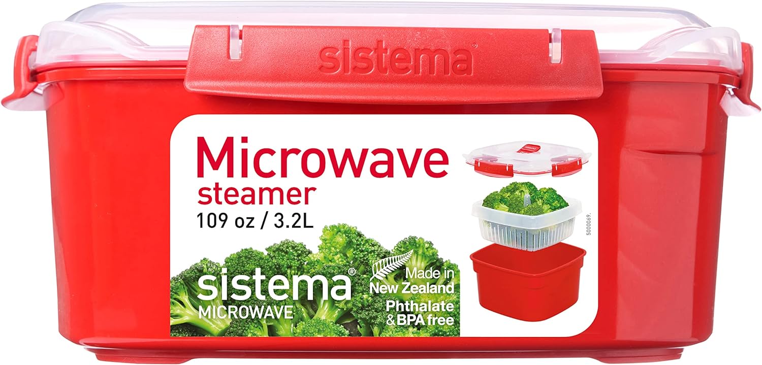 Sistema Microwave Steamer for Cooking Food and Vegetables with Steam Release Vent, Dishwasher Safe, 13.6 Cup, Red