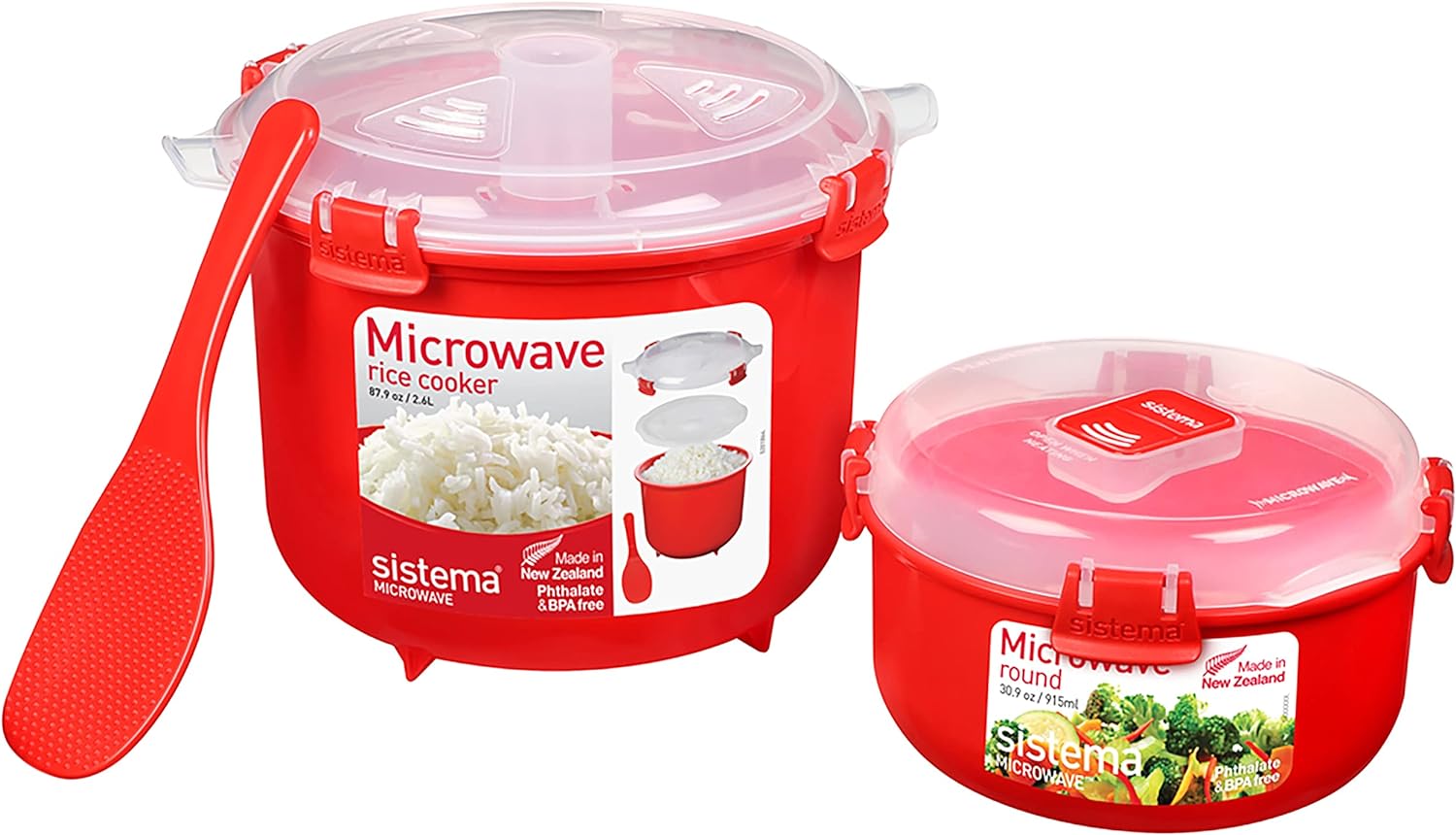 Sistema Microwave Rice Cooker and Steamer Bowl for Vegetables with Steam Release Vent, Dishwasher Safe, Red