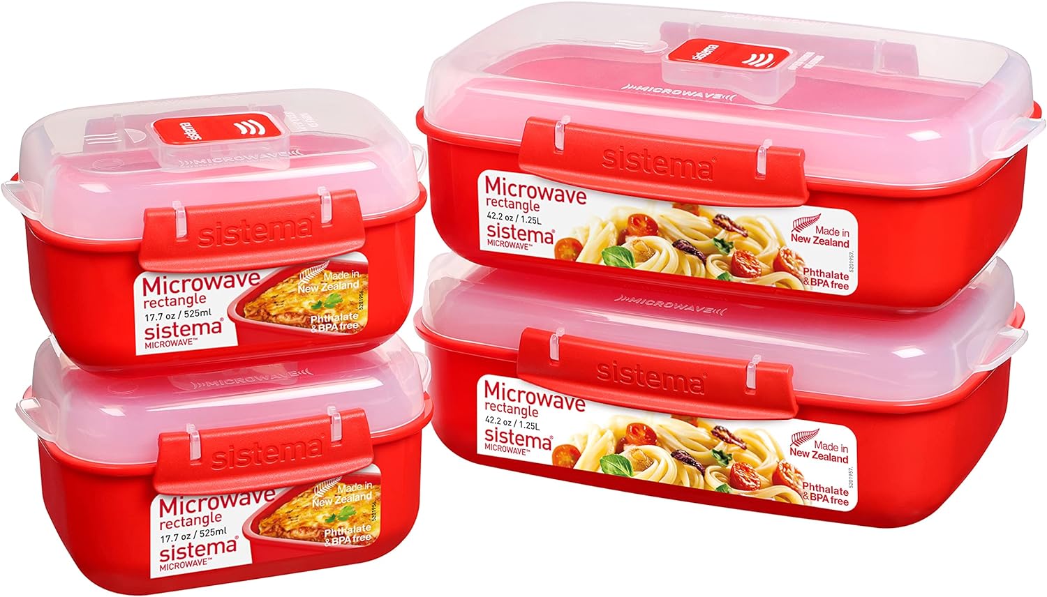 Sistema Heat and Eat 4 Rectangular Food Containers with Lids 1.25L + 2X 525ml | Locking Clips & Steam Release Vents | BPA-Free Microwave Set, 8x10/16x20, 4 pack, Red