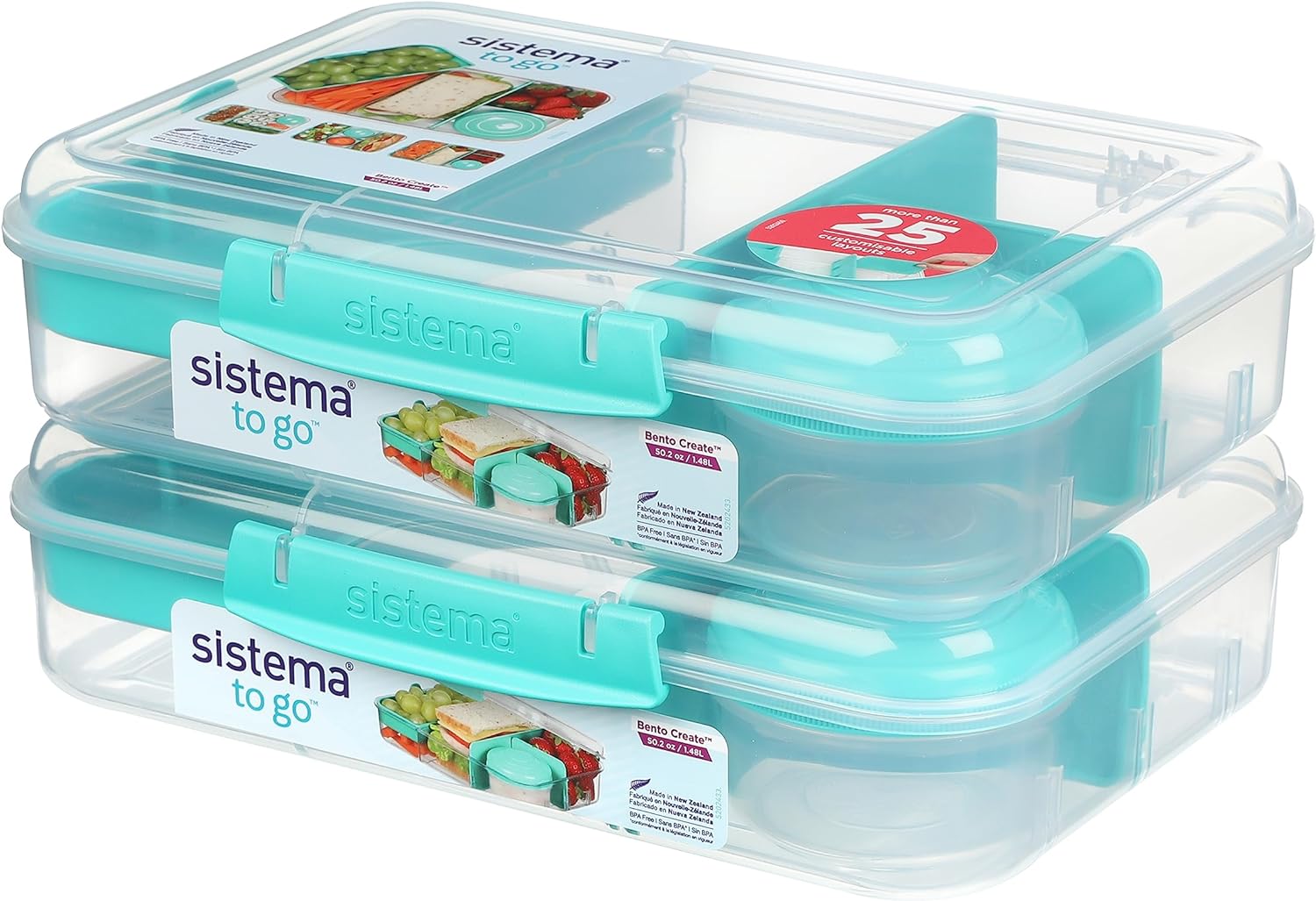 Sistema Bento Create To Go 6-Cup Food Storage Container Bento Box with Lid and Dividers, 2 pack, Minty Teal