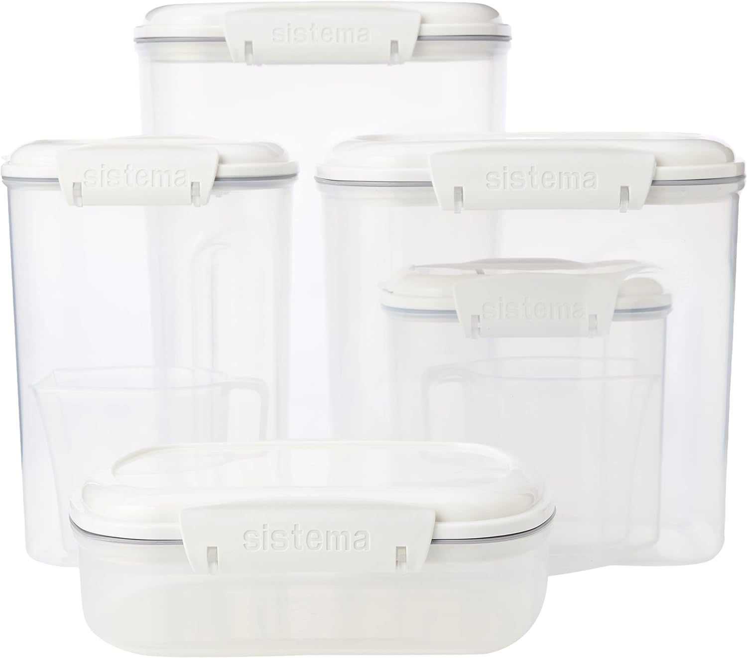 Sistema 5-Piece Food Storage Containers for Pantry with Lids and 2 Measuring Cups for Flour and Sugar, Dishwasher Safe, White