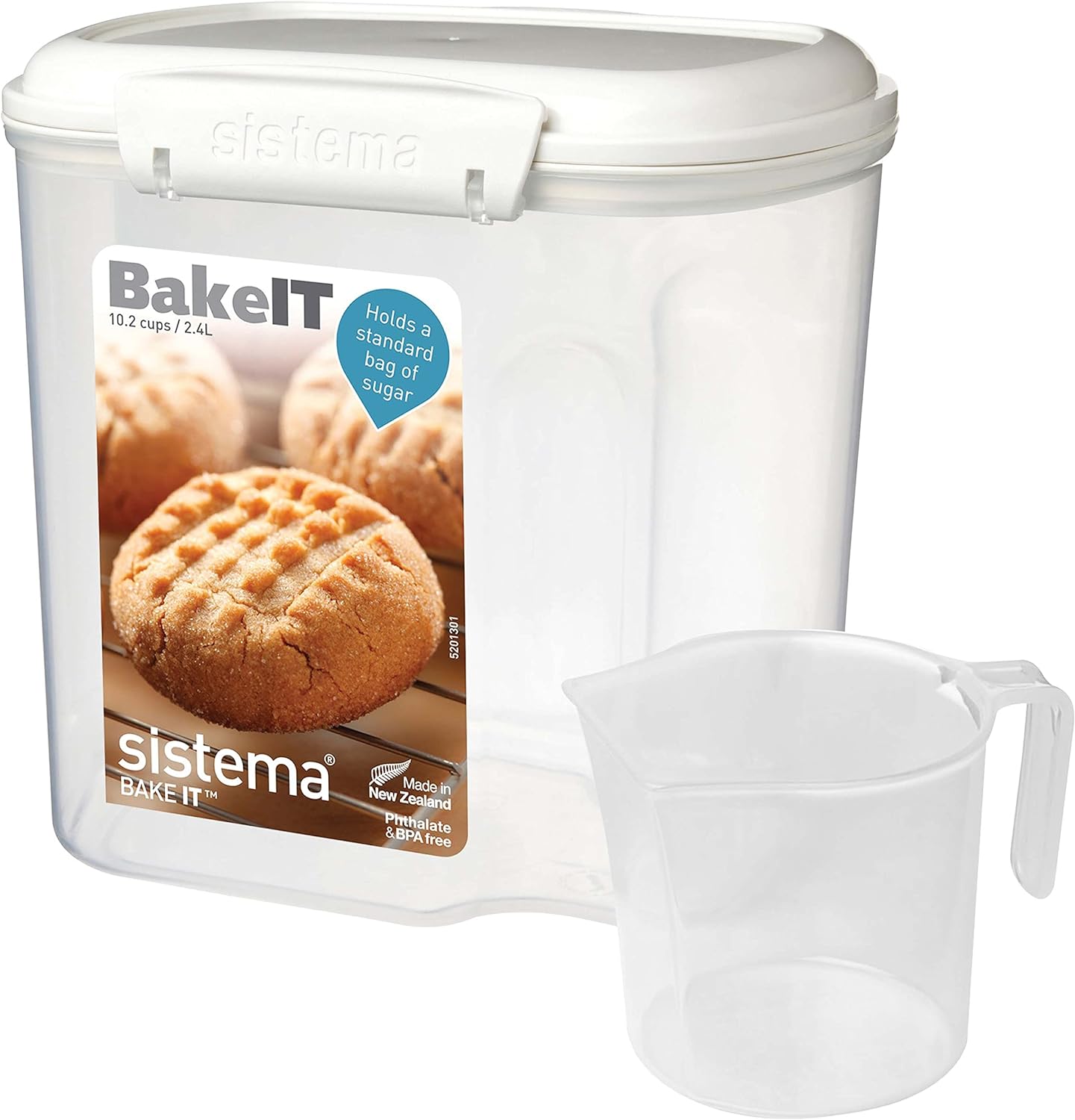 Sistema Flour and Sugar Storage Containers for Pantry with Lids and Measuring Cup, Dishwasher Safe, 10.2-Cup, White