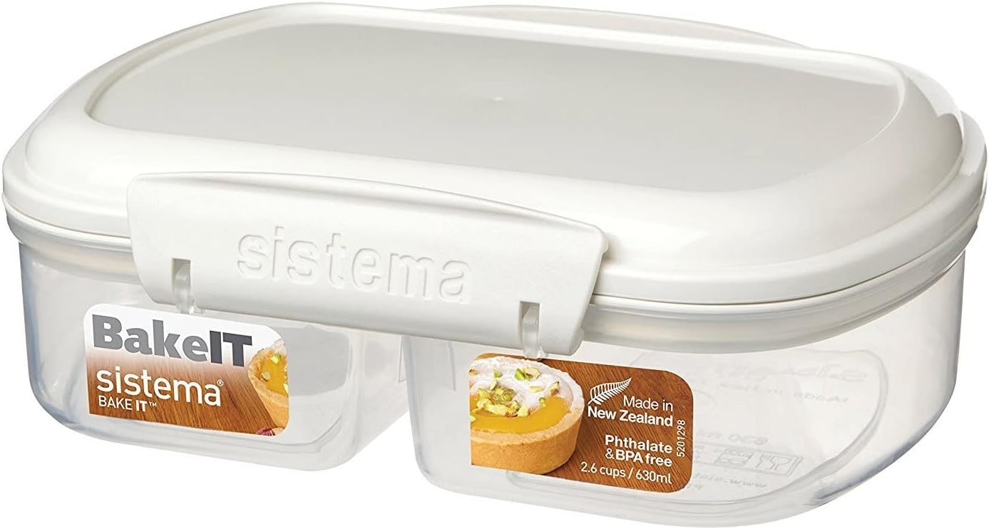 Sistema Bake IT Collection Food Storage Container with Split Compartments, 2.6 Cup/0.6 L, Clear/White