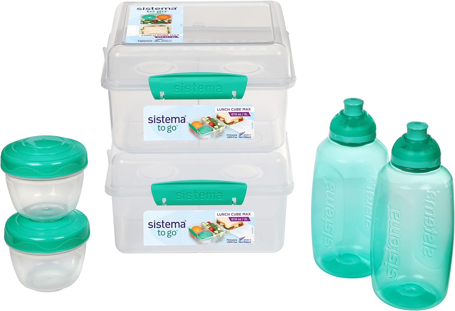 Sistema Lunch Containers Bento Box with Condiment and Sandwich Containers, 2 Water Bottles, Dishwasher Safe, Blue/Green