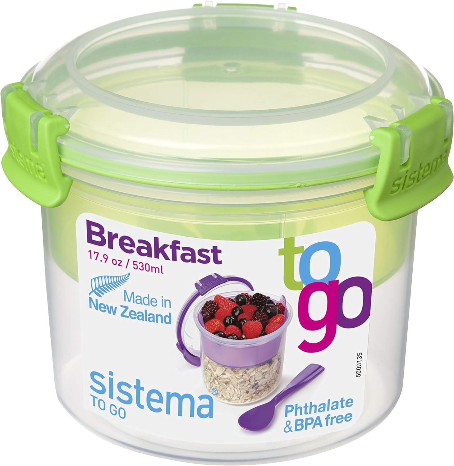 Sistema To Go Collection Breakfast Plastic Bowl Food Storage Container, 17.9 oz./0.5 L, Color Received May Vary, 1 Count (Pack of 1)