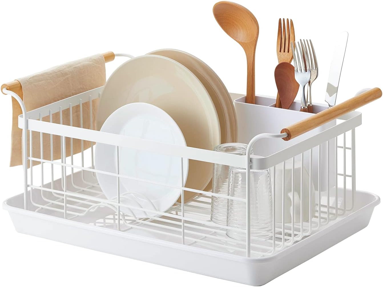 Yamazaki Home Dish Rack with Removeable Drainer Tray, Kitchen Counter Dish Drying Organizer Holder Steel   Wood One Size White