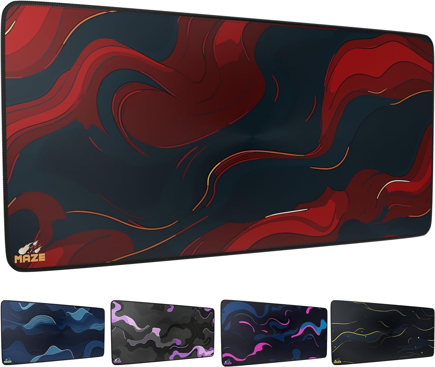 MAZE XXL Mouse Pad/Mat | (35.5''x15.8''x0.12'') Light Series Mousepad for Maximum Speed (Waterproof) Desk Pad | Black Red and Maroon Colors, Marble Topographic x Galaxy Style (Aether - R)