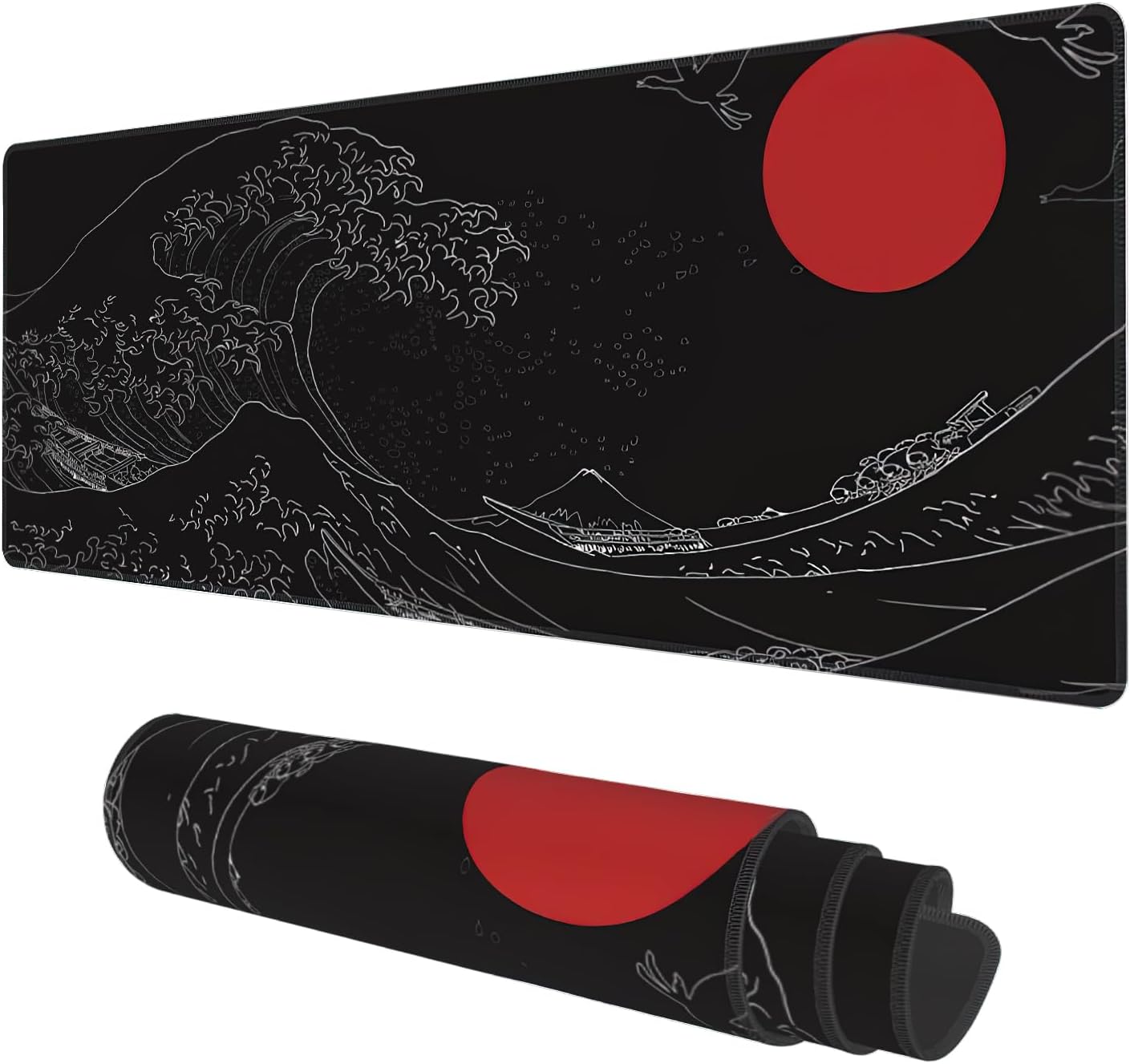 Desk Mat, Black Japanese Style Wave and Red Sun Extended Gaming Mouse Pad Large, 31.5x11.8 Big Mouse Pad with Non-Slip Base and Stitched Edge, Long Computer Keyboard Mouse Mat for Home Office Work