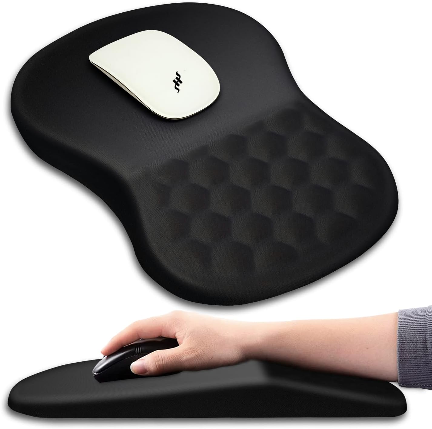 Hokafenle Ergonomic Mouse Pad Wrist Support with Massage Design, Wrist Rest Pain Relief Mousepad with Memory Foam&Non-Slip PU Base, Mouse Pads for Wireless Mouse & Desk (12x8 inch,Black)