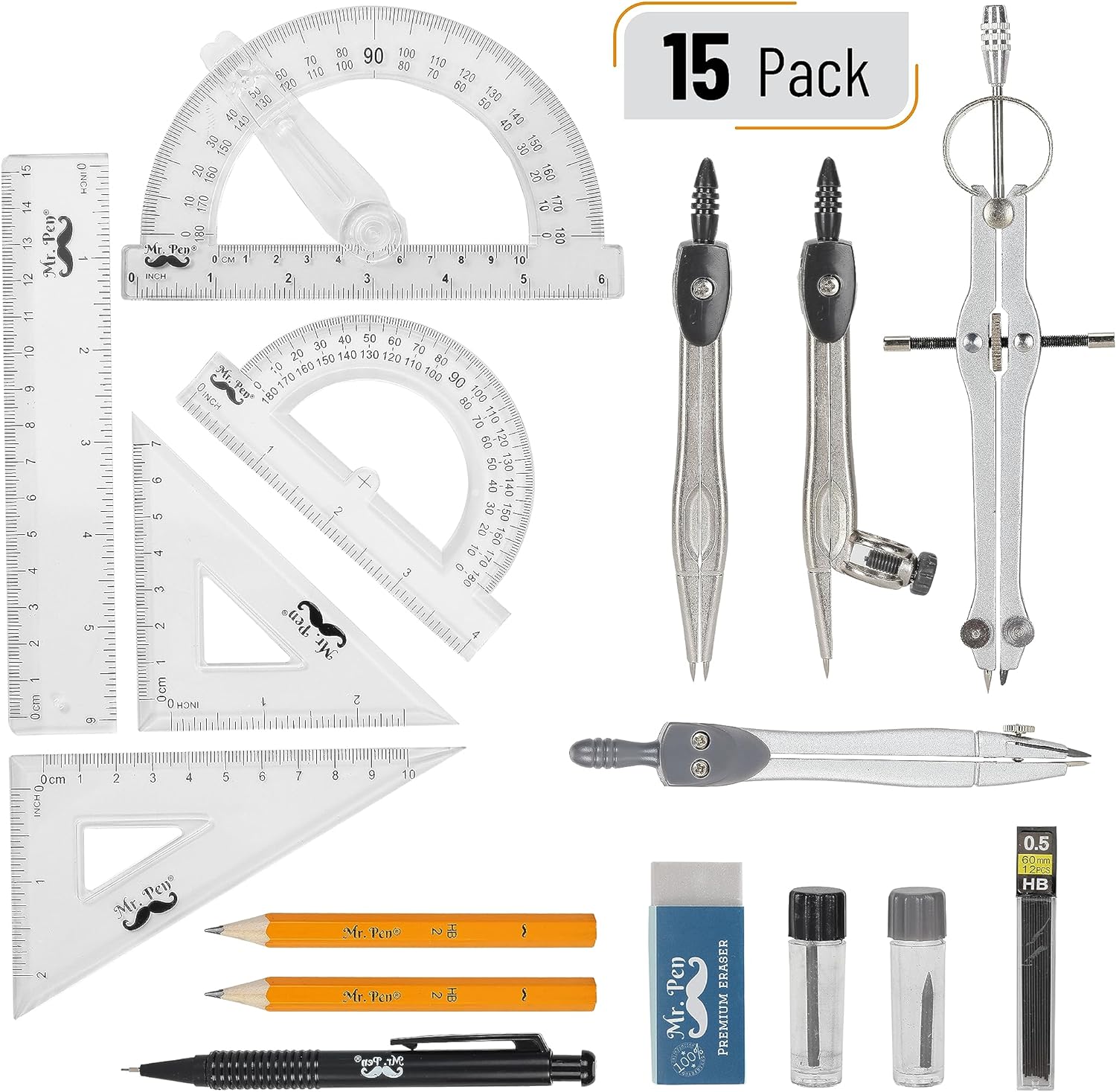 Mr. Pen Geometry Set with 6 Inch Swing Arm Protractor, Divider, Set Squares, Ruler, Compasses and Protractor, 15 Piece Set