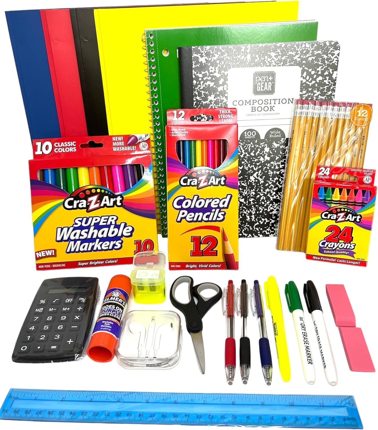 Back to School Supplies Essential Bundle - 4th Grade | 5th Grade | 6th Grade | 7th | 8th Grade Notebook, Folders,Headphones, Markers, Glue, Ruler, Crayons by SCHOOL SUPPLIES OF THE CAROLINAS